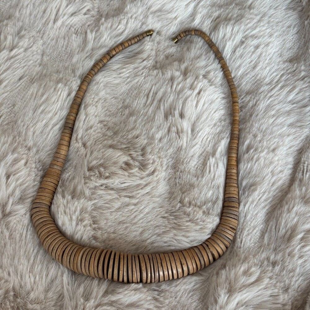 Vintage Graduated Wood Disc Bead Collar Necklace Natural Tan Boho Tribal 24"